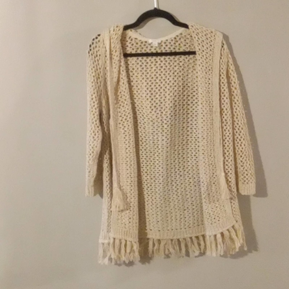 Crochet Sweater Boho Fringe Sweater J JILL Swim Cover w/ hood